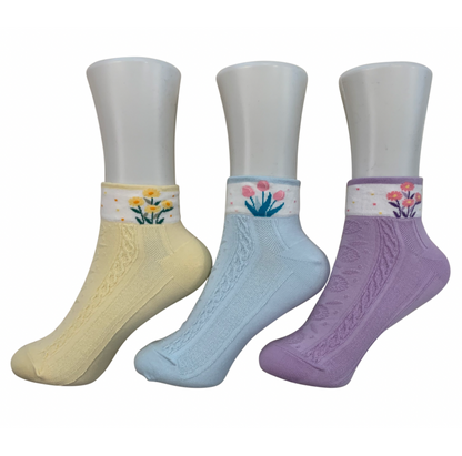 Women's cotton blend ankle socks - Flower (4 colors)